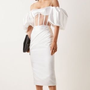 NEW, UNWORN Rasario Exclusive Draped Off-The-Shoulder Satin Midi Dress